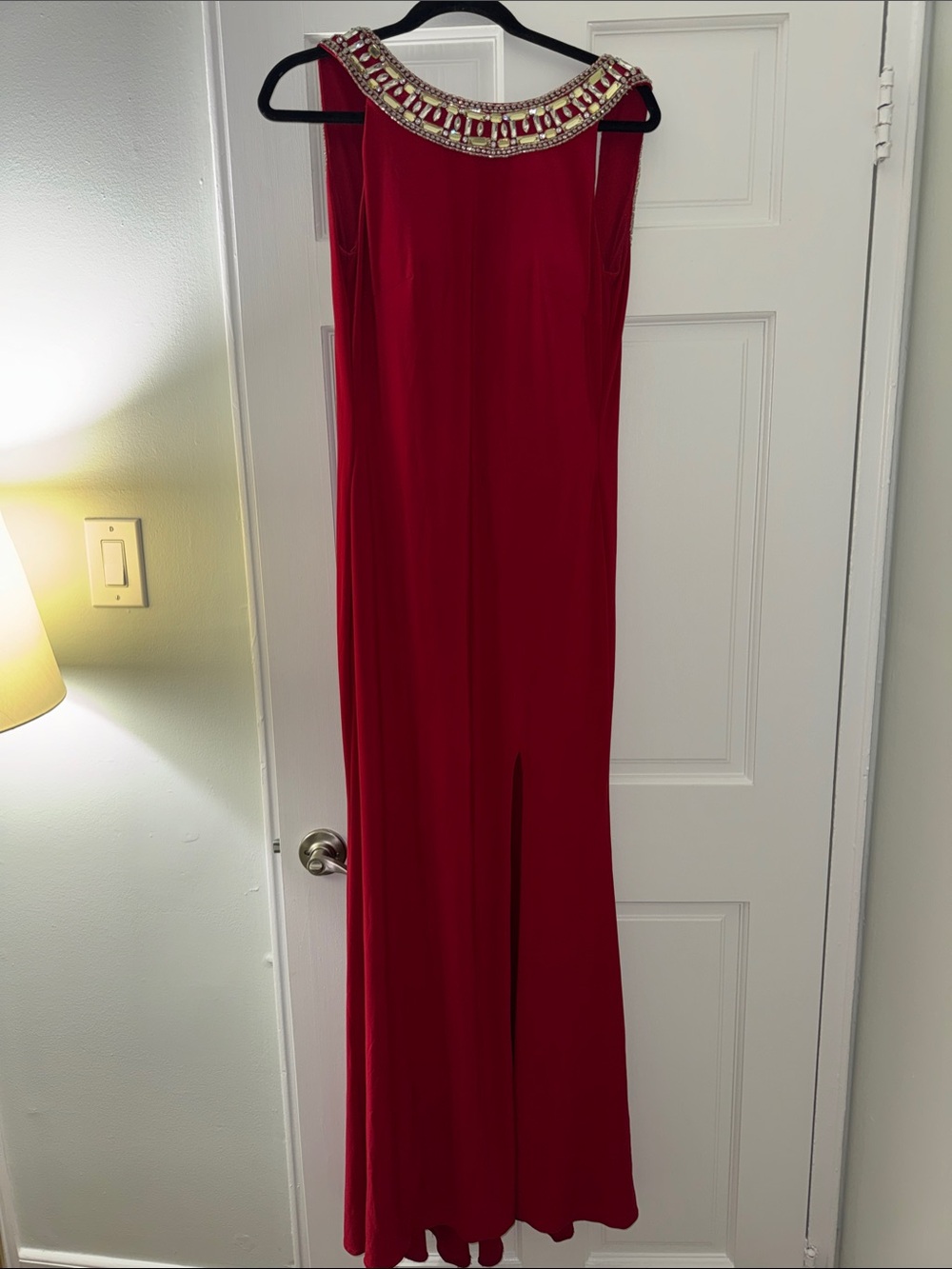 madison james Red Backless Evening Gown with Jeweled Collar